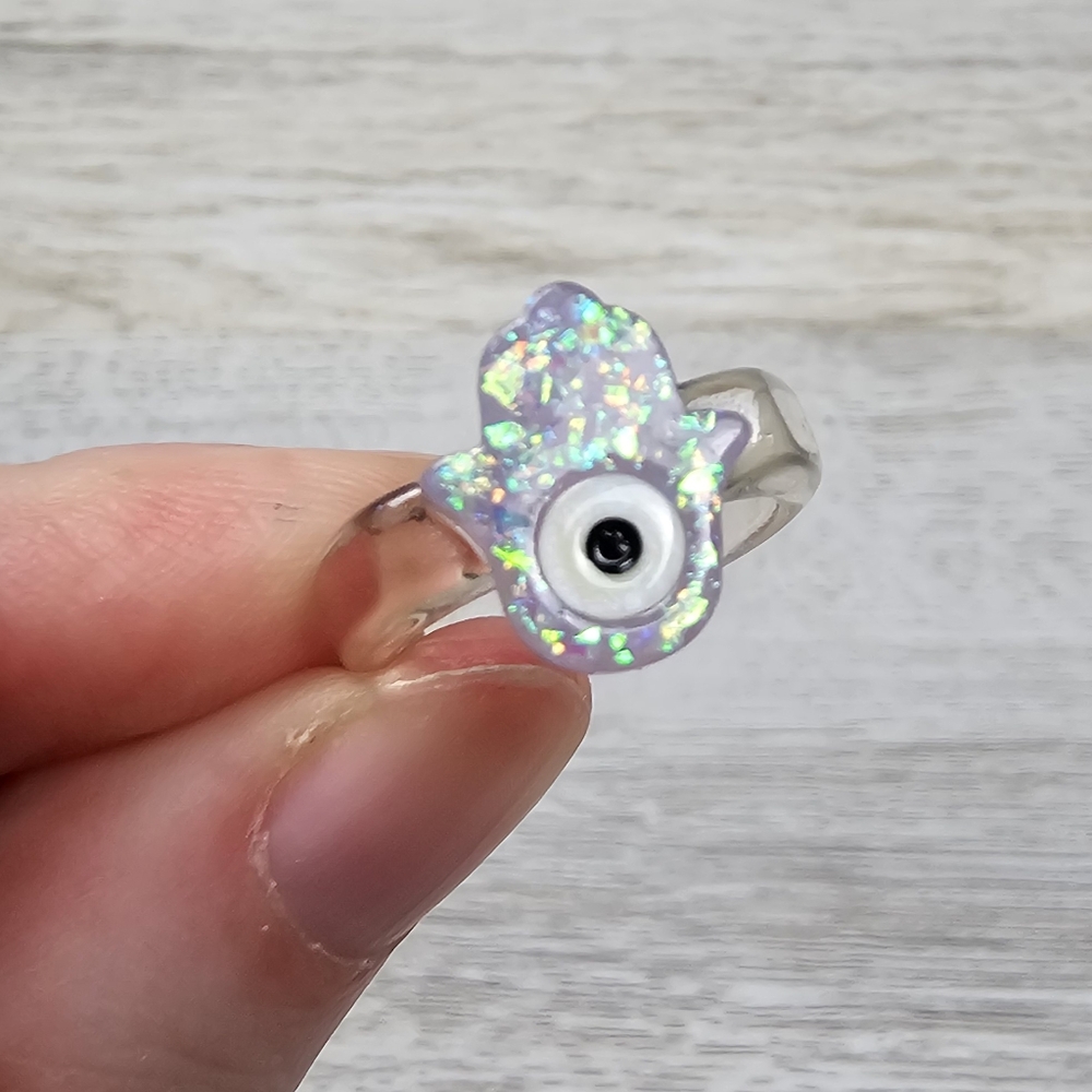 Hamsa Evil Eye Sparkle Ring Purple Y2K